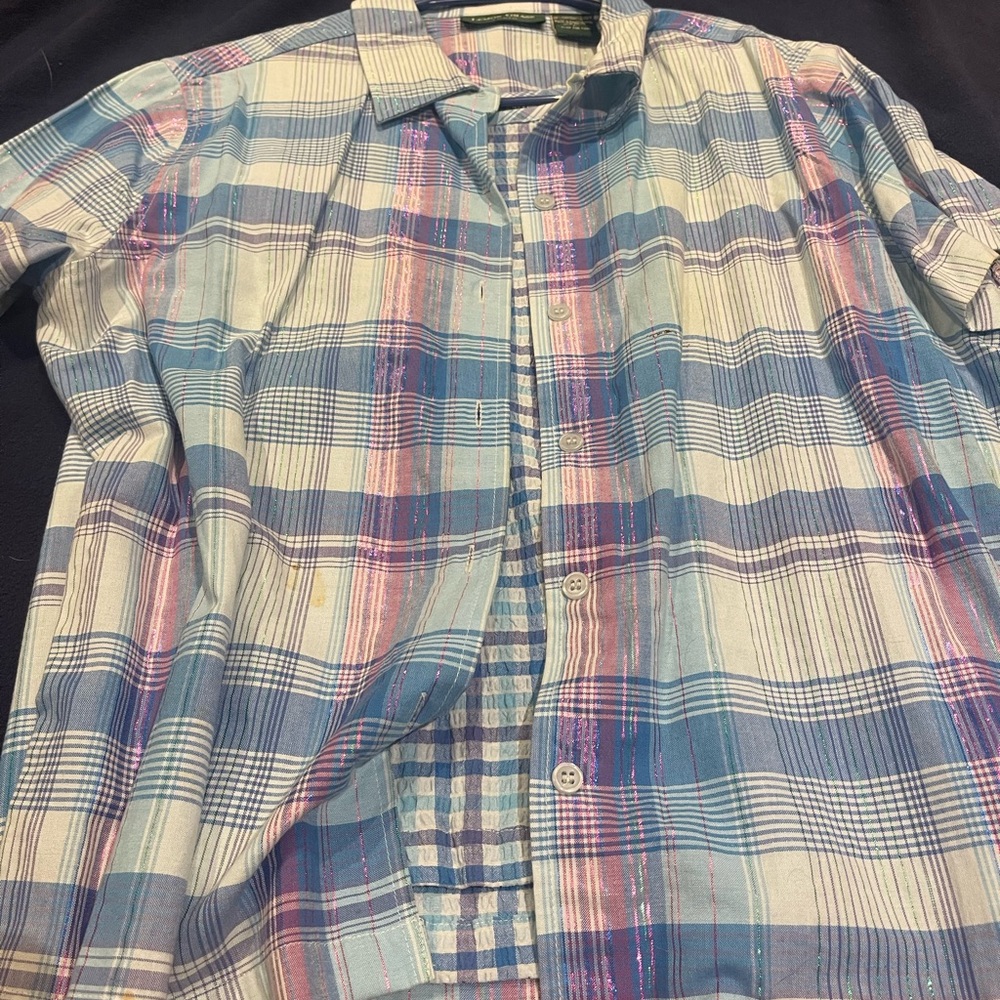 Women’s Plaid Button-Down Shirt in Blue, White & Pink with tank top shell